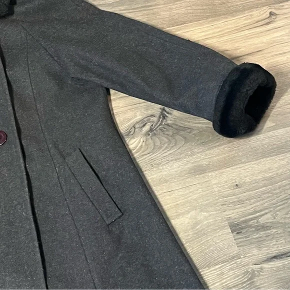 Donny Brook Womens Trench Coat Sz 14P Gray 100% Wool Lined Faux Fur Pocket - Picture 9 of 15
